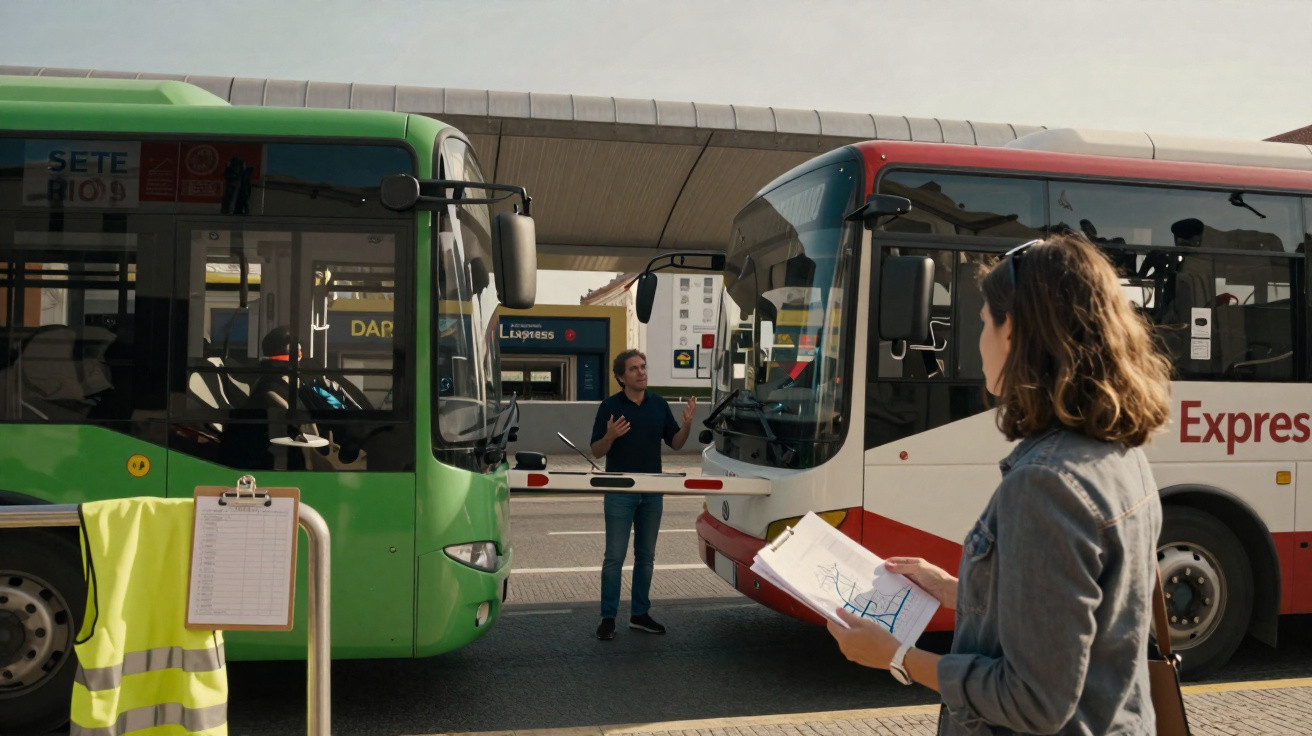 Duas pessoas conversam entre autocarros verde e vermelho numa paragem com uma mulher a ver um mapa.