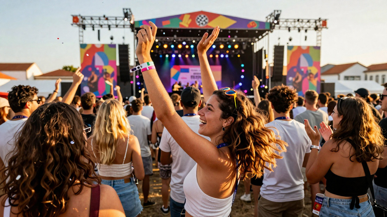Pessoas a assistir e dançar num concerto ao ar livre durante o pôr do sol com palco iluminado ao fundo.