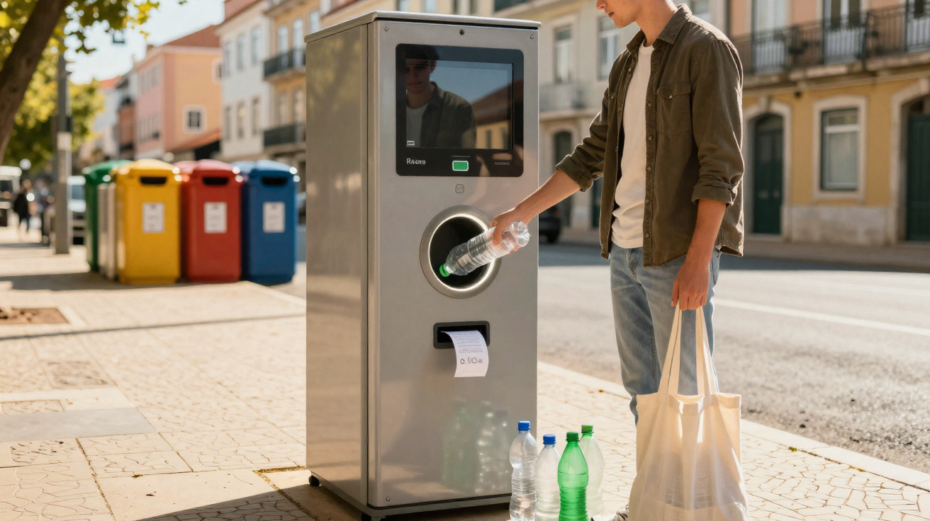 Jovem a reciclar garrafas numa máquina automática numa rua urbana durante o dia.