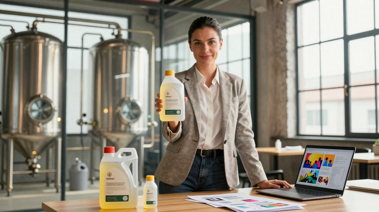 Mulher de pé numa fábrica, segura um frasco amarelo com rótulo, com mais frascos e laptop na mesa.