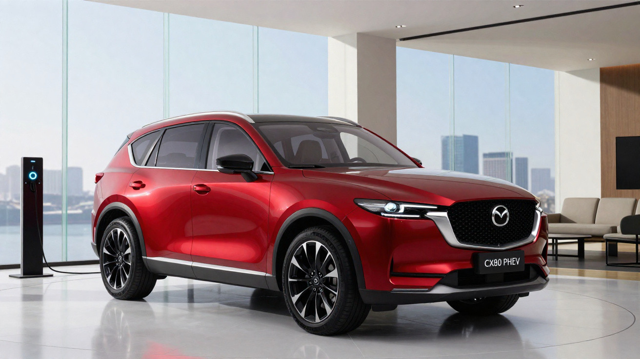 Carro SUV Mazda CX-80 PHEV vermelho em exposição num showroom moderno com janelas grandes.