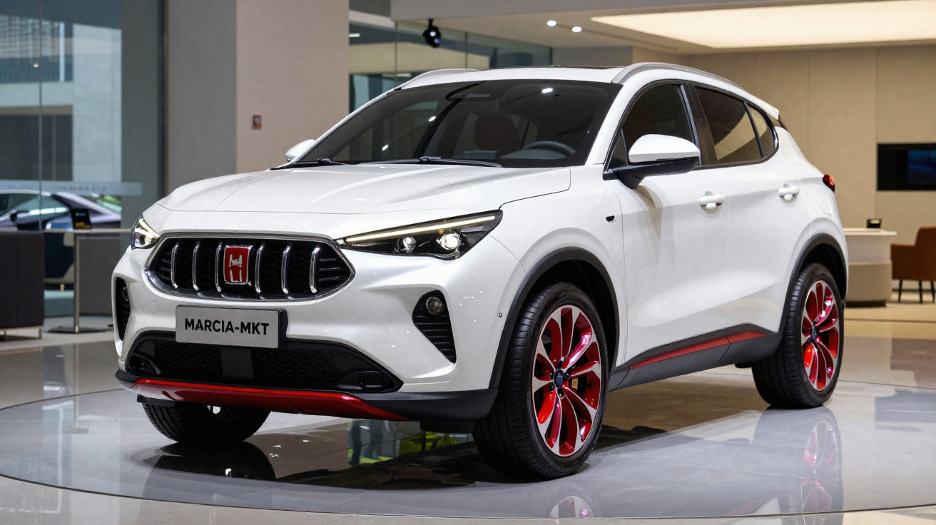 Carro SUV branco com detalhes em vermelho e jantes vermelhas exposto em showroom moderno.