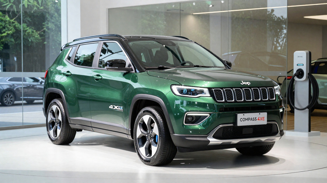 Veículo Jeep Compass 4xe verde metálico em exposição num espaço interior moderno.