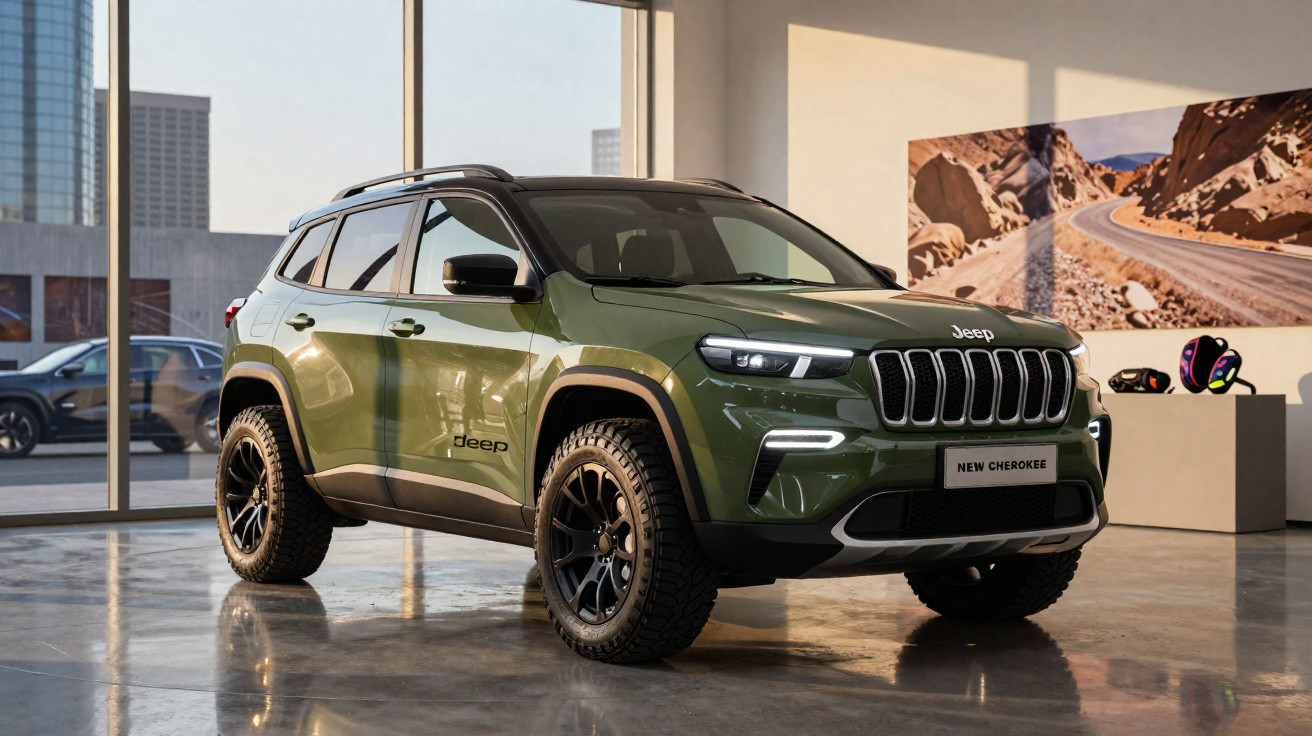 Jeep New Cherokee verde exército em exposição interior com janelas panorâmicas e fundo urbano.