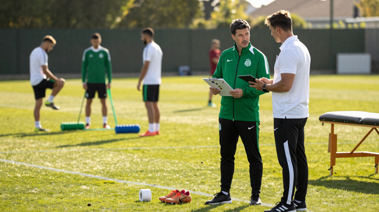 Dois treinadores em campo de futebol discutem estratégia enquanto jogadores se preparam ao fundo num treino.