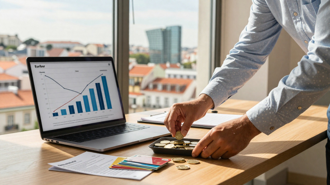 Homem a calcular finanças com moedas e gráfico de crescimento no portátil junto à janela.