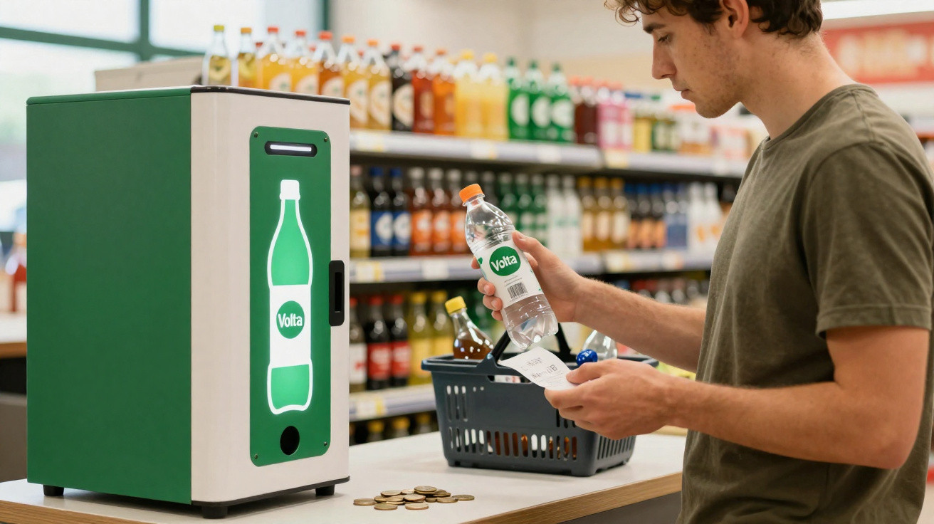 Homem no supermercado a utilizar máquina de reciclagem automática de garrafas de água Volta.