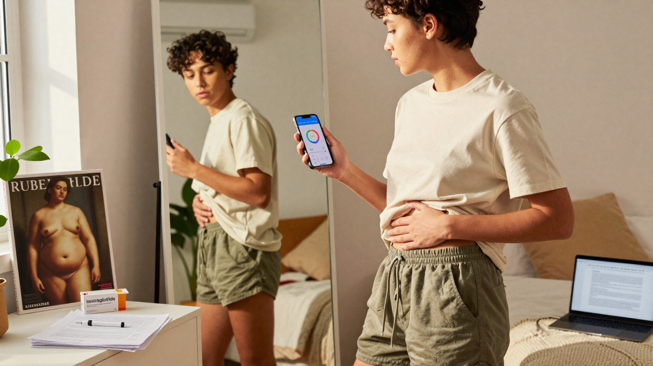 Jovem a olhar para o espelho, segurando o estômago e um telemóvel com aplicação aberta, num quarto.