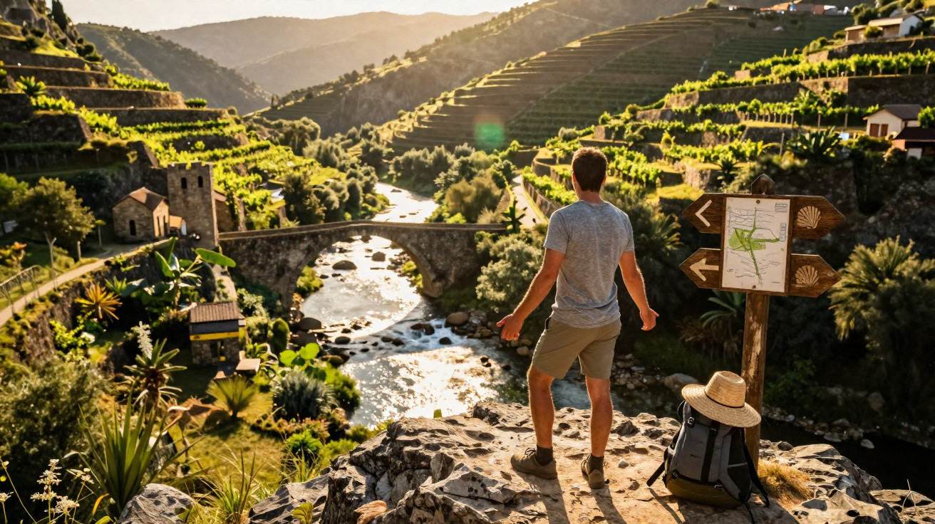Homem de pé numa encosta com mochila num cenário rural com rio, ponte antiga e vinhas em socalcos ao pôr do sol.