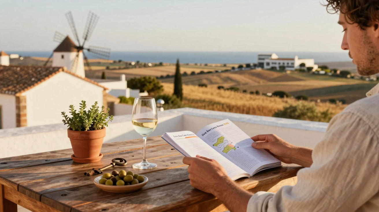 Pessoa a ler revista numa mesa com vinho, azeitonas e plantas, com moinhos e campo ao fundo.