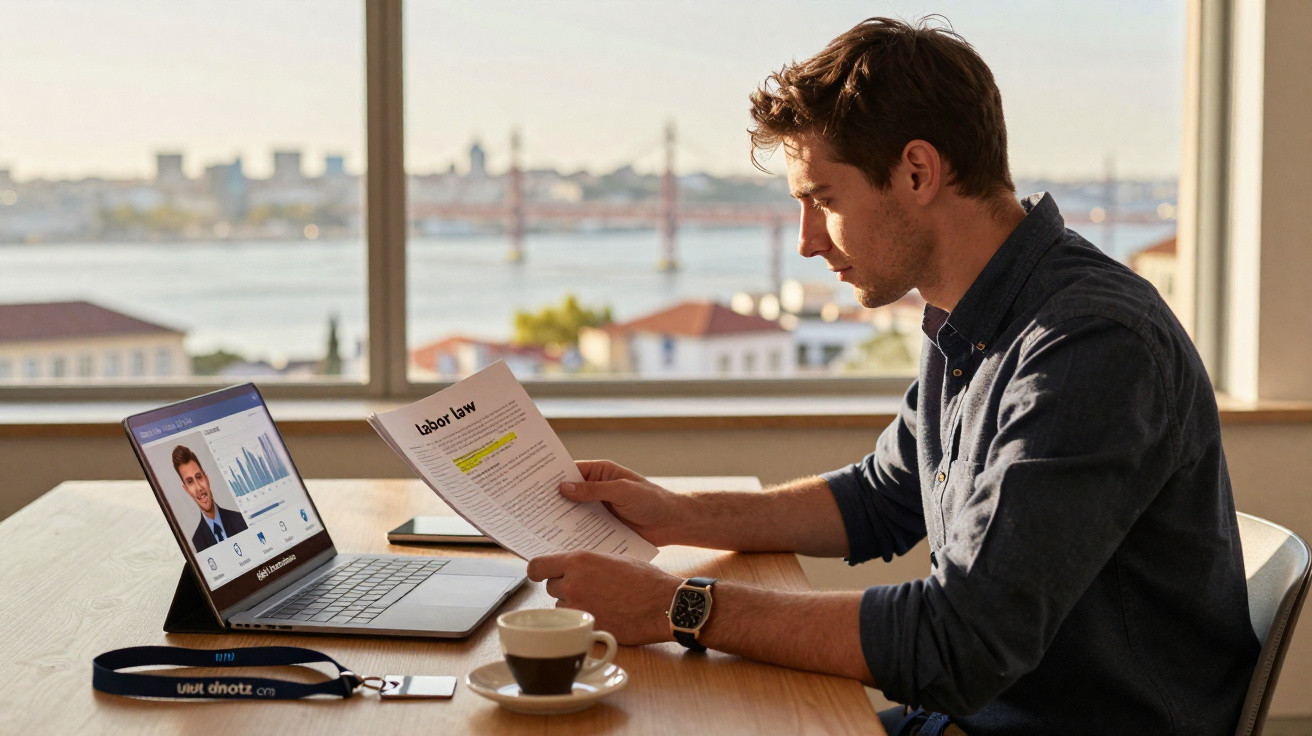 Homem a analisar documentos e gráficos num escritório com vista para a cidade e uma ponte ao fundo.
