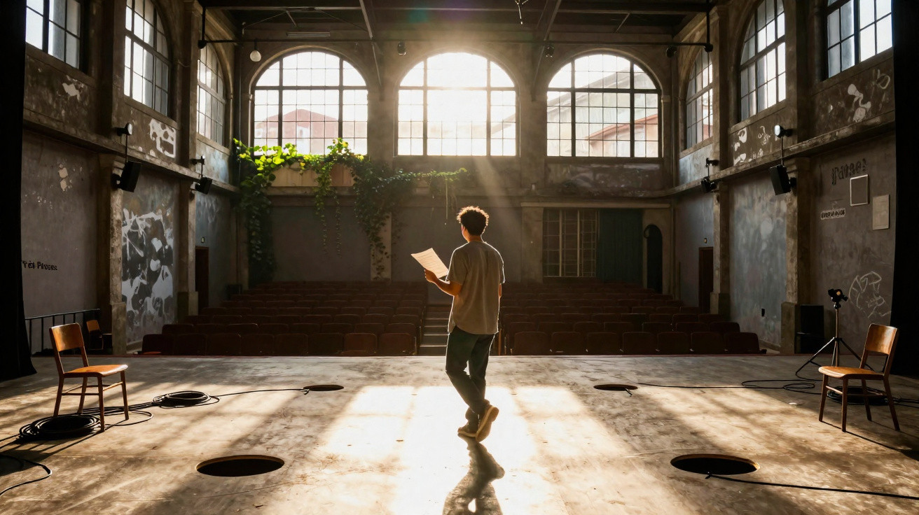 Pessoa de pé em palco iluminado por raios de sol, com papel na mão, numa sala antiga com janelas grandes.