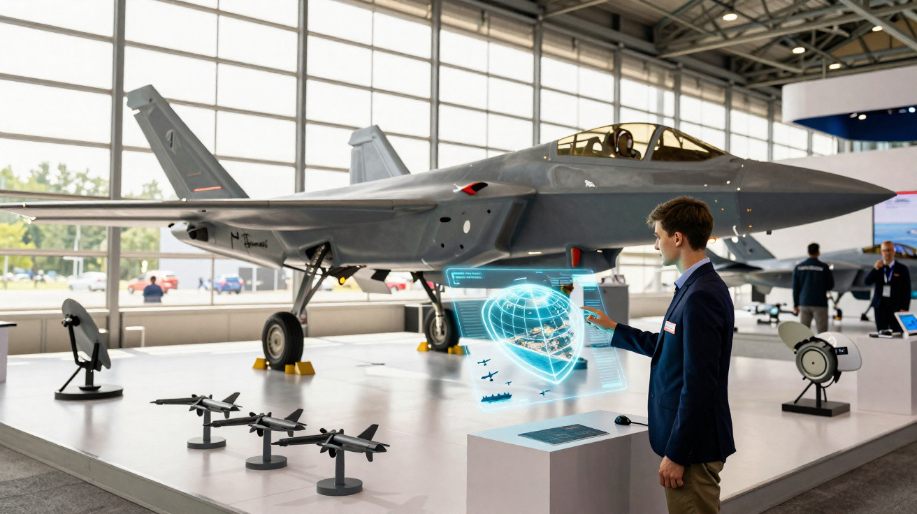 Homem interage com holograma em exposição de avião militar moderno num hangar aberto e iluminado.