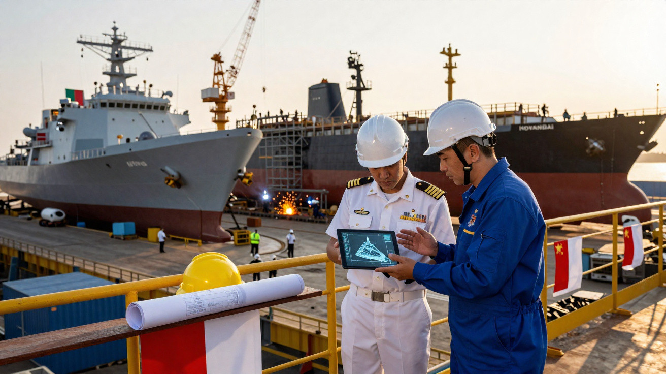 Dois homens com capacetes de proteção junto a um cais, um segura um tablet com imagem de submarino, navio e submarino ao fund