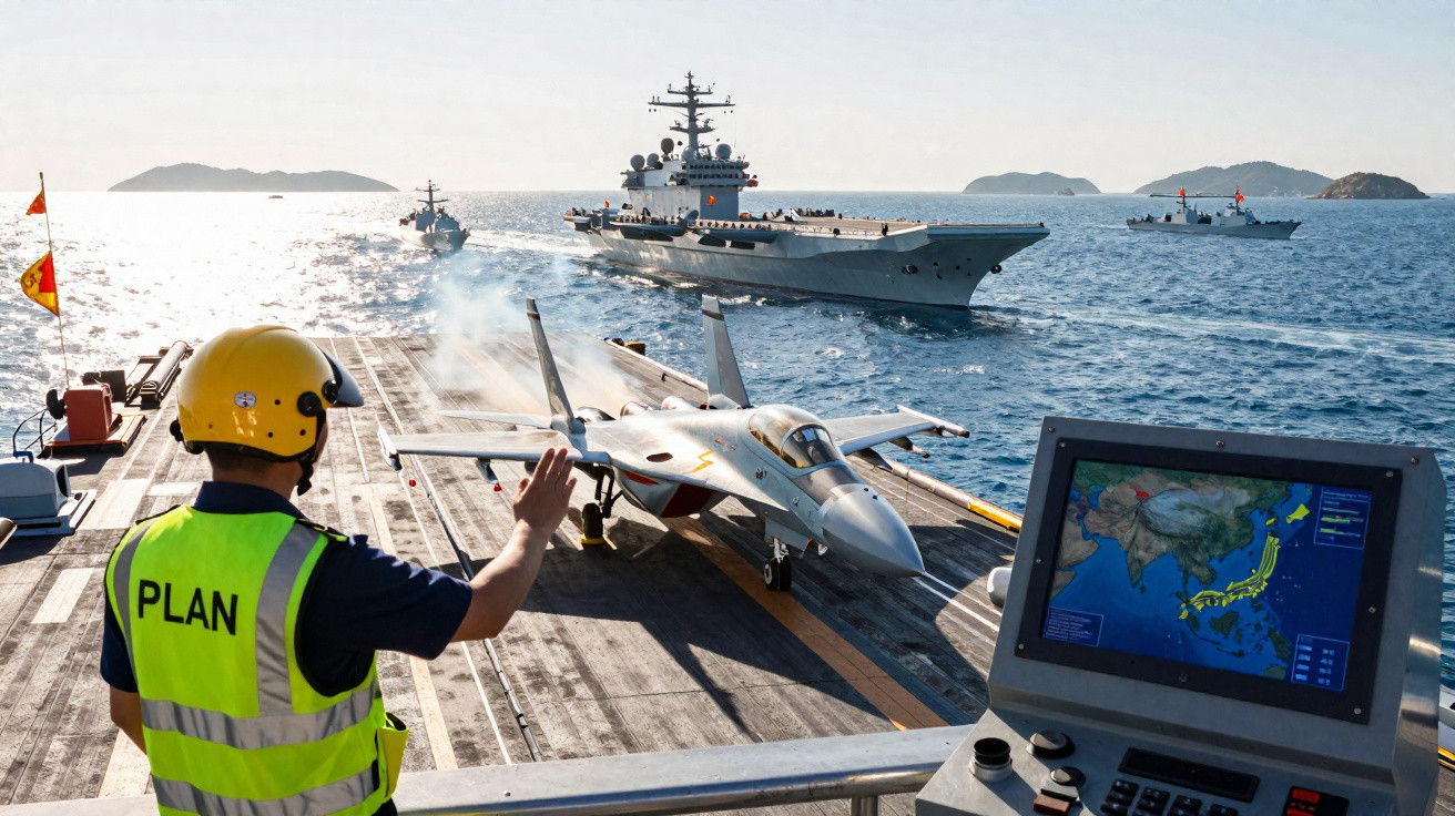 Militar em colete amarelo com palavra PLAN controla lançamento de caça F-18 em porta-aviões no mar com outros navios ao fundo