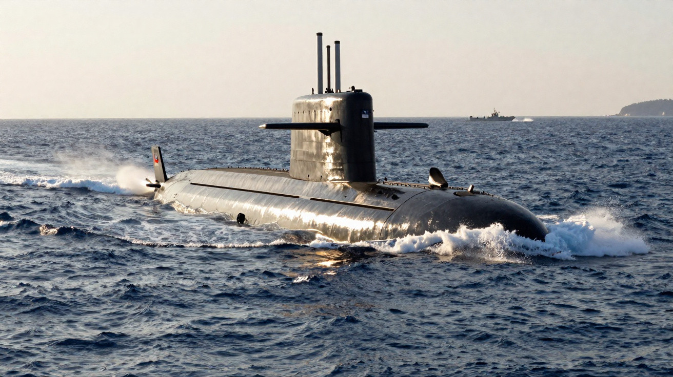 Submarino negro a navegar na superfície do mar durante o dia com navio ao longe.