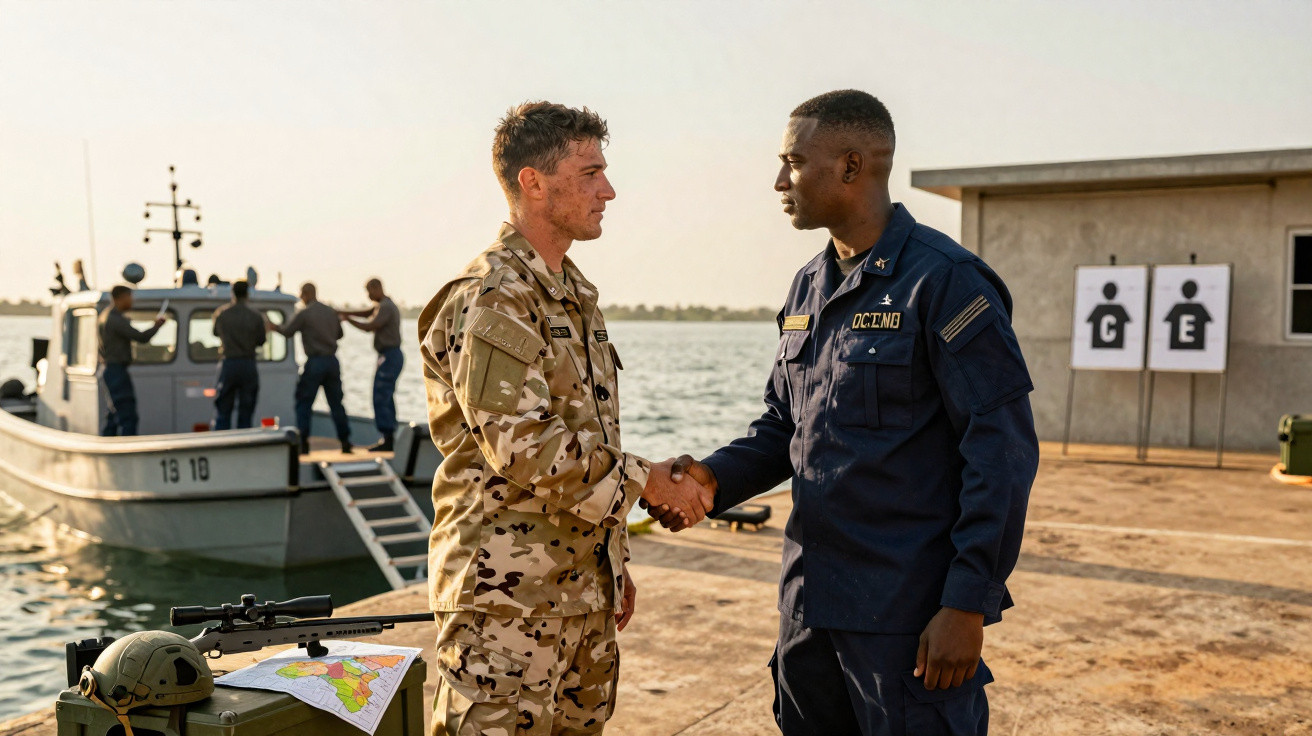 Dois militares em uniforme cumprimentam-se com um aperto de mão num cais junto ao mar.