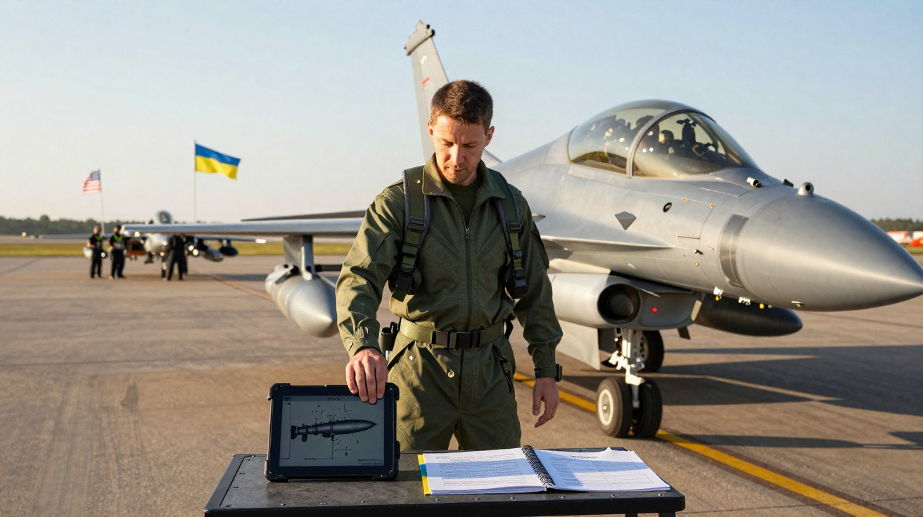 Piloto em farda militar examina alvo diante de caça F-16 estacionado em pista, com bandeira da Ucrânia ao fundo.