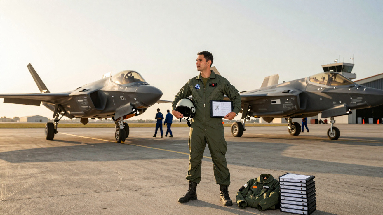 Piloto militar em fato de voo verde com capacete e pastas, entre dois caças furtivos Adir num aeroporto militar.