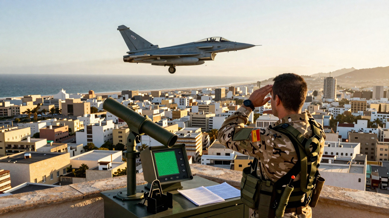 Soldado em uniforme aponta para caça militar descolando sobre cidade costeira ao pôr do sol.