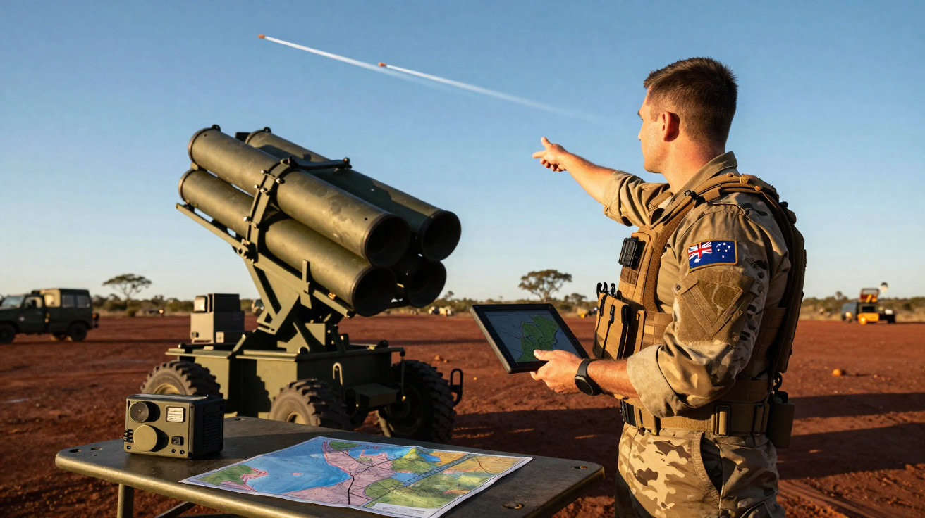 Soldado com uniforme militar aponta para o céu, ao lado de equipamento bélico e mapas numa área desértica.