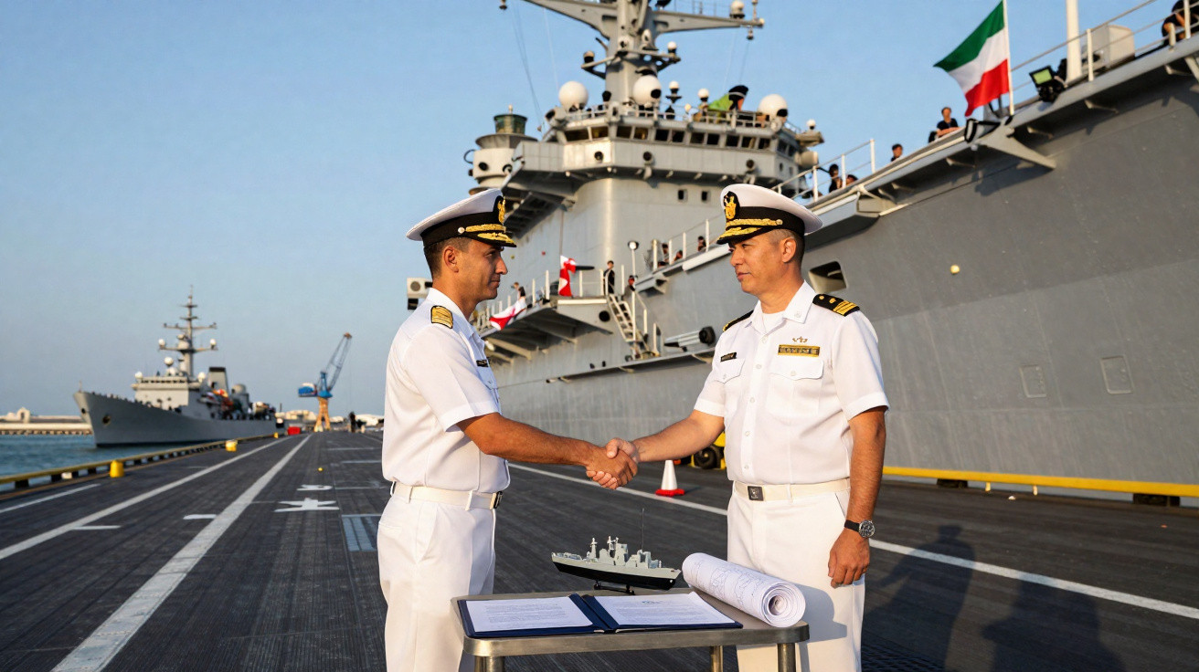 Dois oficiais navais em uniforme branco cumprimentam-se com aperto de mão num convés de porta-aviões.