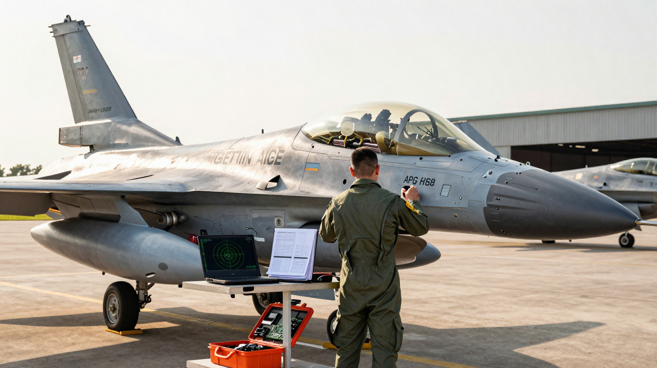 Militar a inspecionar equipamento eletrónico num caça F-16 estacionado numa pista de aeroporto militar.