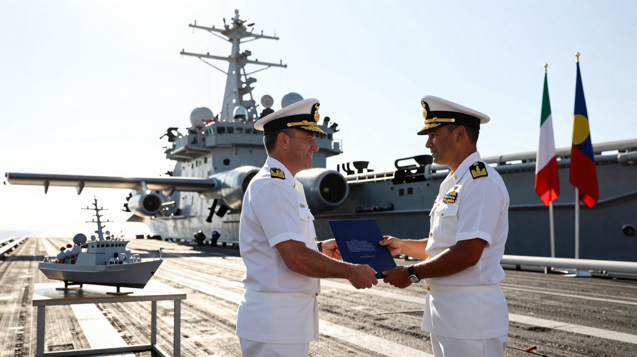Dois oficiais navais em uniforme branco apertam as mãos num convés com um modelo de navio e uma avião militar ao fundo.