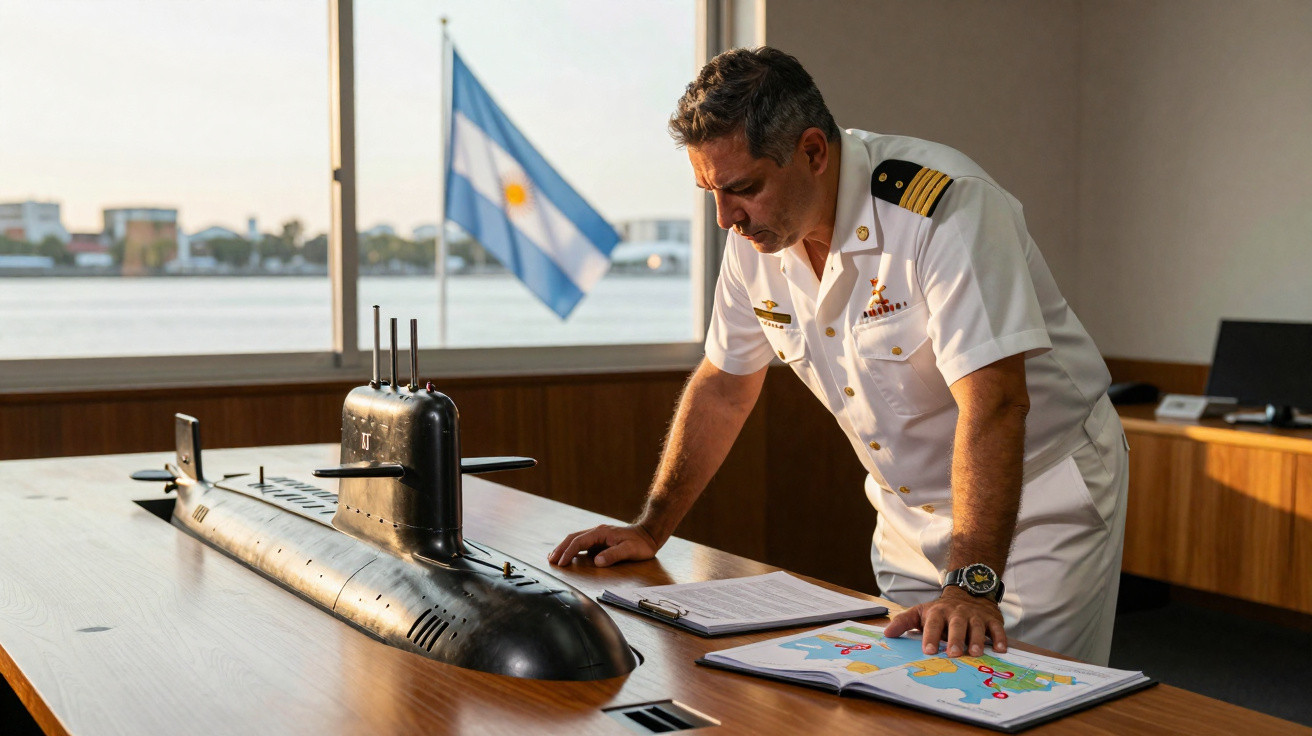 Homem fardado observa maquete de submarino numa sala com vista para a água e bandeira da Argentina.