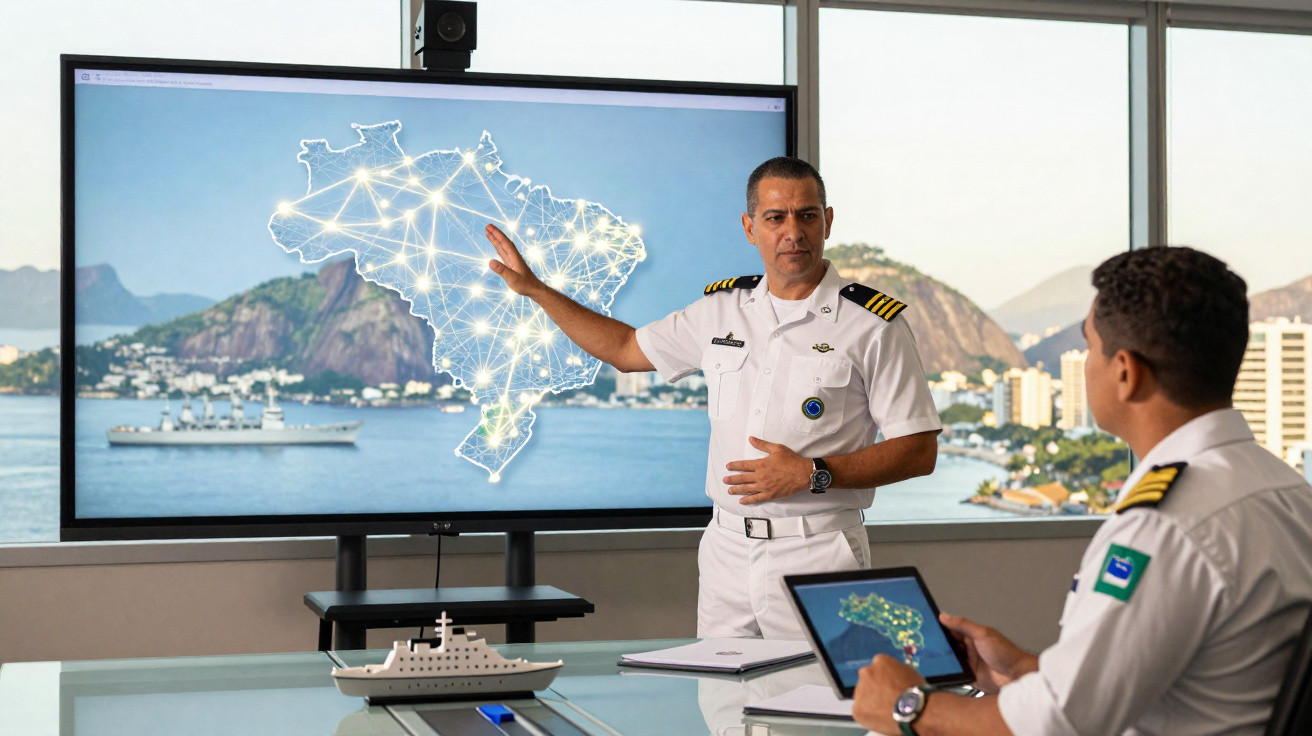 Dois militares em uniforme branco numa sala com vista para o mar, com mapa digital no ecrã e tablet.