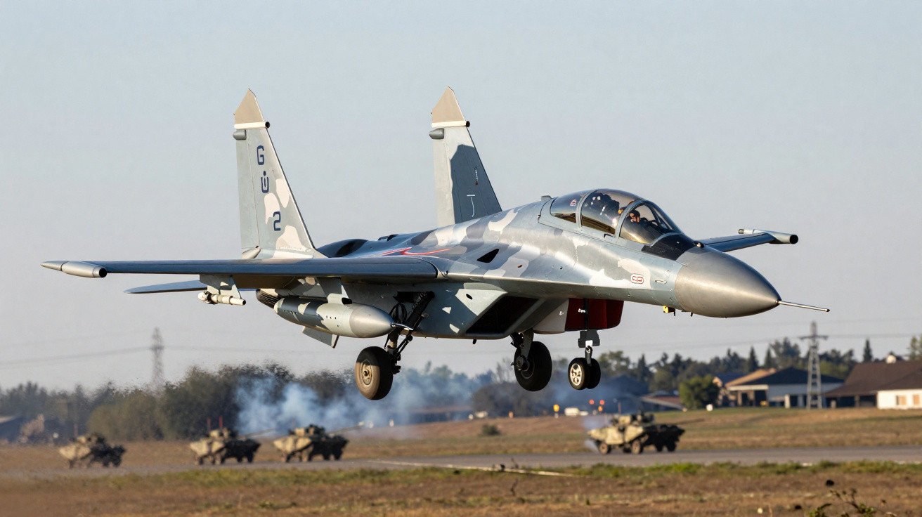 Avião de combate militar com camuflagem cinza descolando, tanques e edifícios ao fundo.