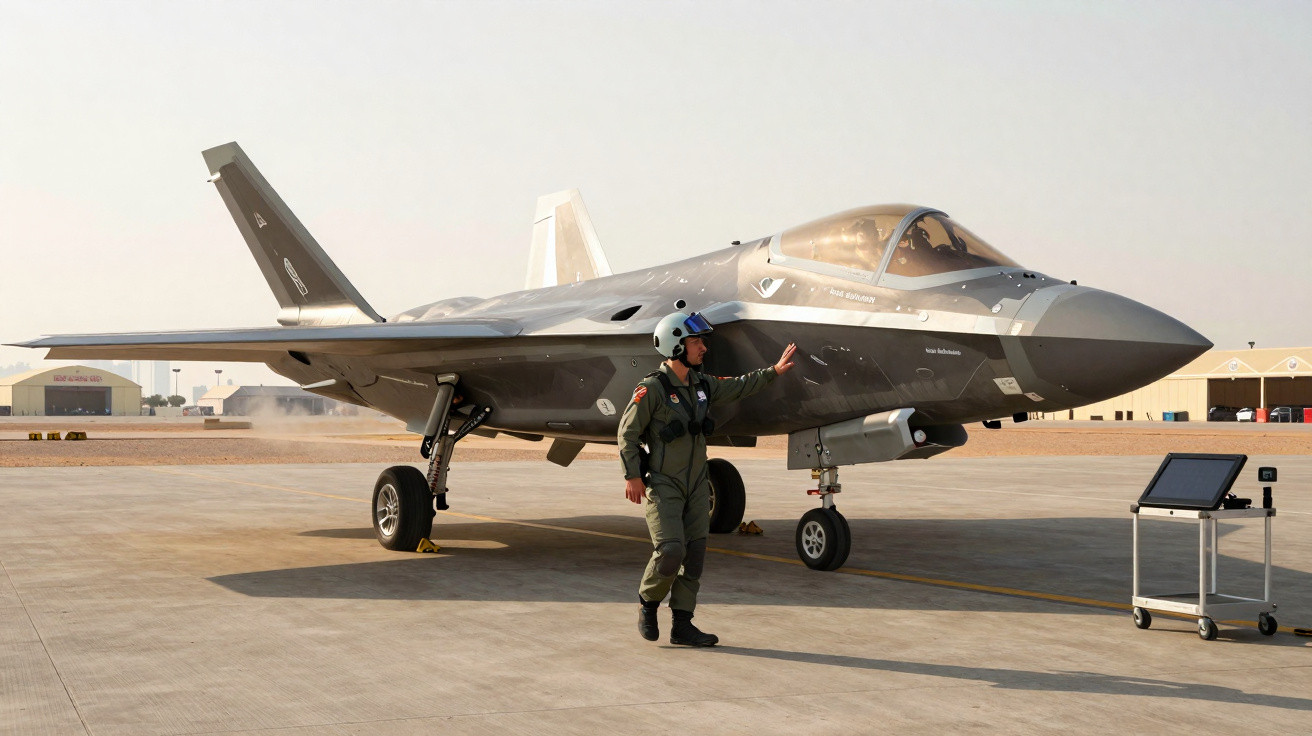 Avião militar F-35 estacionado no solo com piloto a caminhar ao lado numa base aérea.