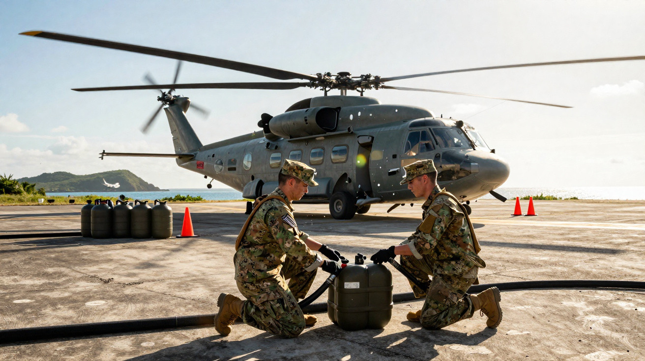 Dois militares em uniforme de serviço preparam equipamento junto a um helicóptero militar numa zona costeira.