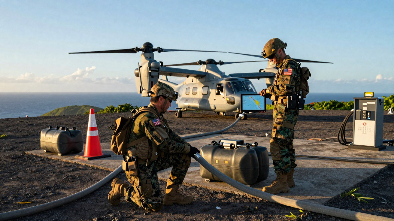 Dois militares com equipamentos junto a helicóptero no chão, numa zona costeira com plantas e mar ao fundo.