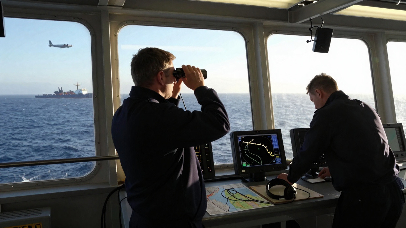 Dois militares observam e monitorizam navios e aviões a partir do interior da ponte de comando de um navio.