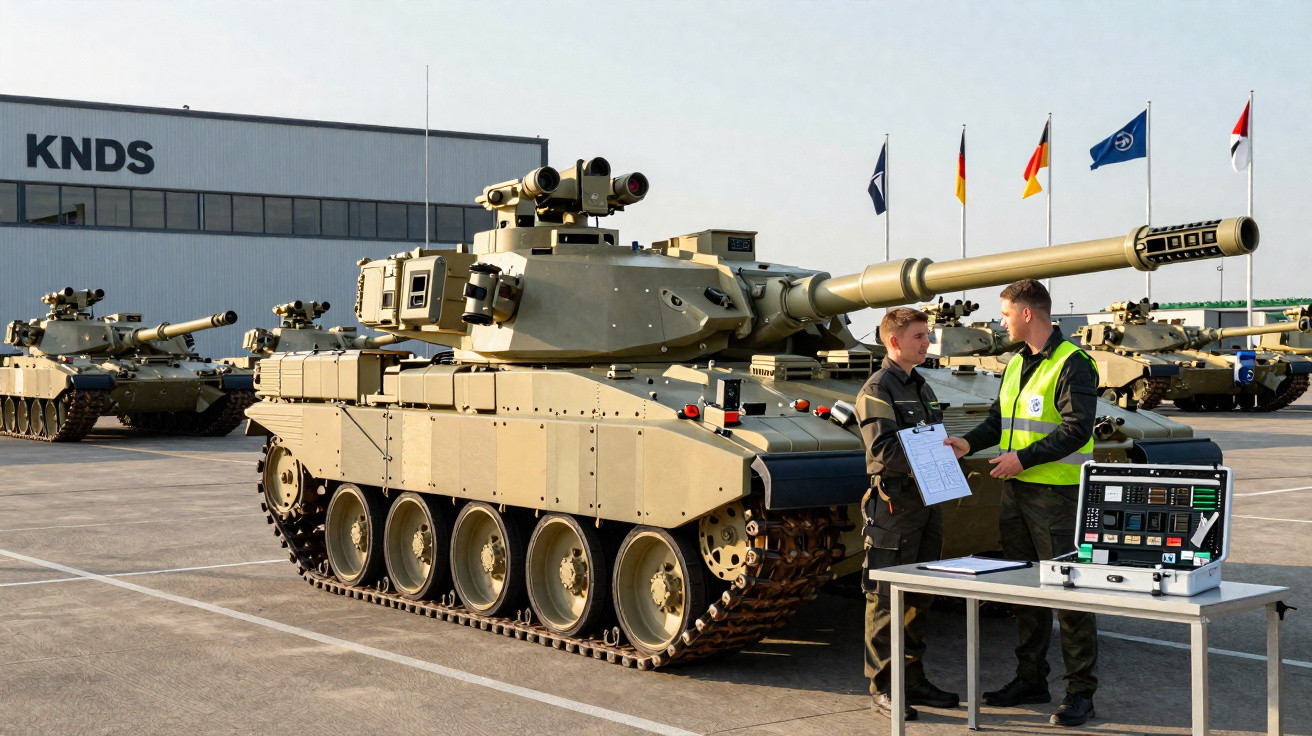 Dois militares junto a um tanque de guerra bege, com várias bandeiras ao fundo numa área exterior.