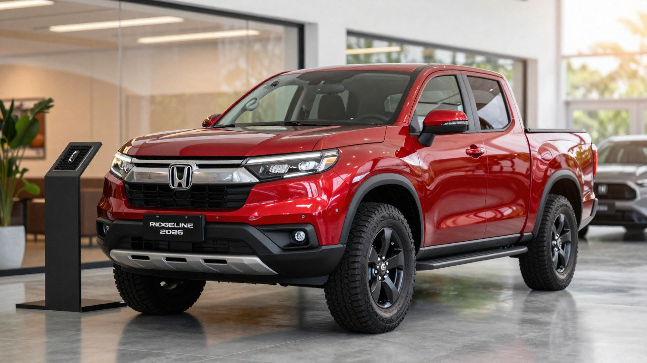 Picape Honda Ridgeline 2025 vermelha em exibição numa sala moderna e iluminada.