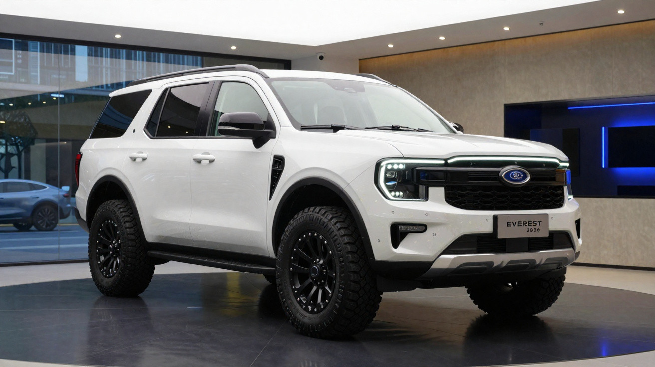SUV branco ATC Everest 2026 estacionado em ambiente interior moderno com piso refletor.