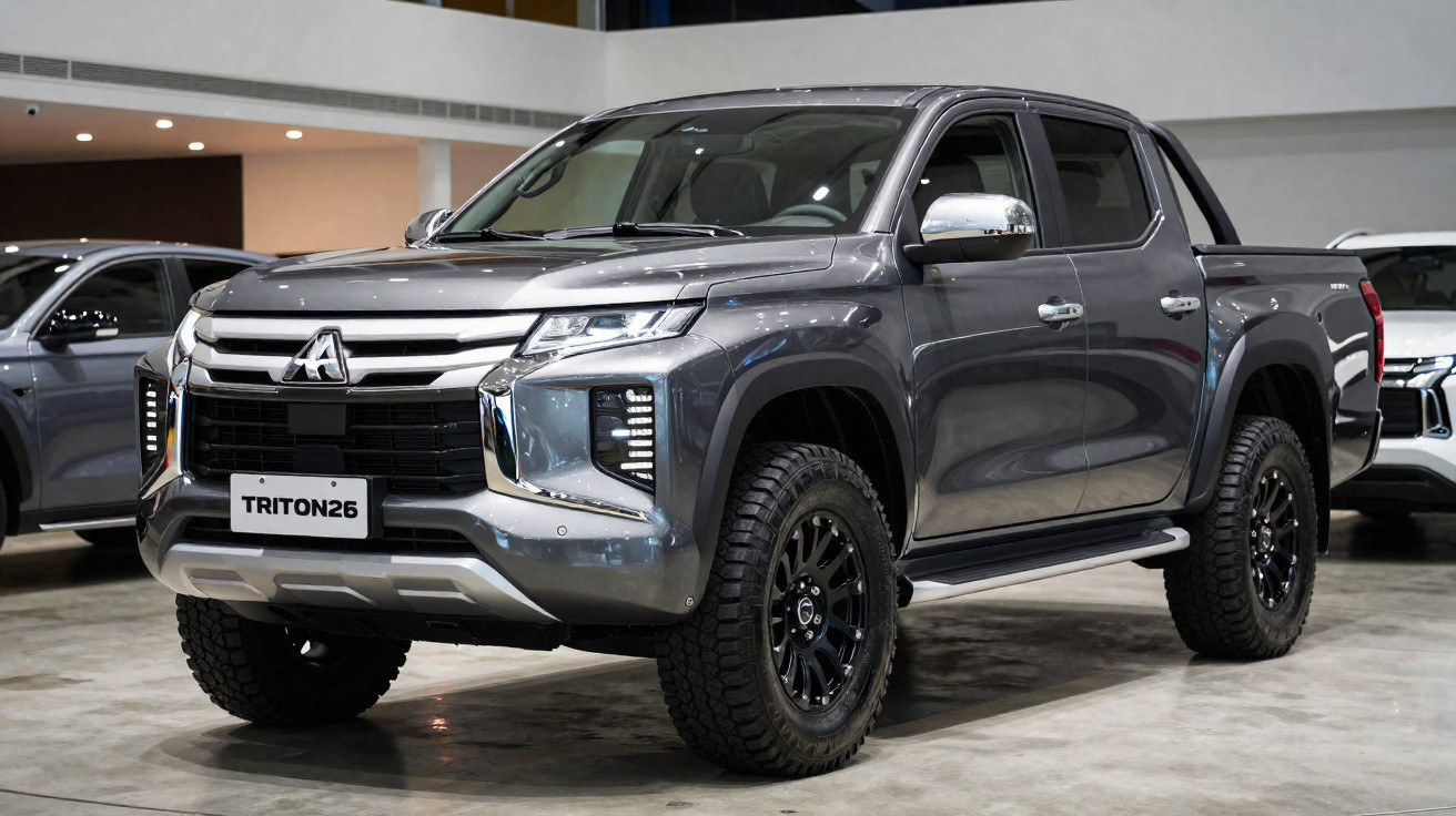 Picape cinza Mitsubishi Triton26 exibida numa sala de exposição moderna.