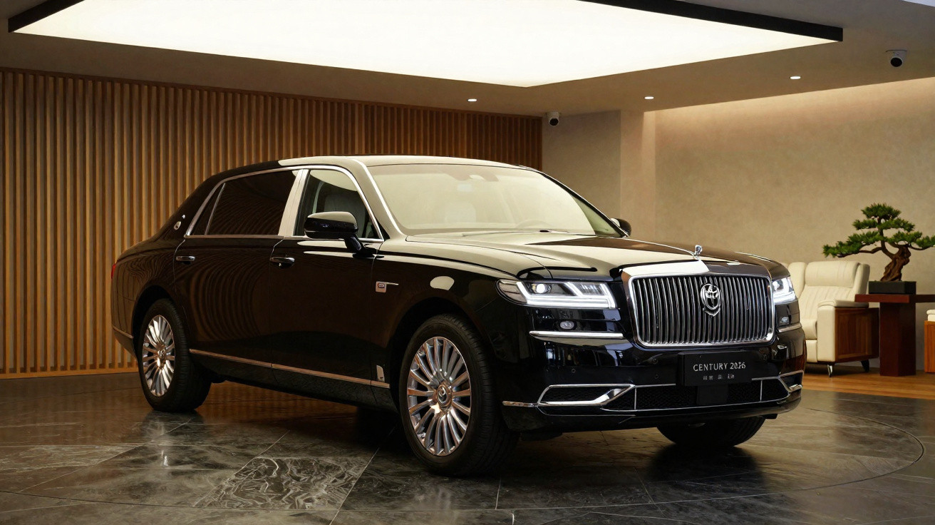 Carro de luxo preto Toyota Century estacionado em sala moderna com piso brilhante e decoração minimalista.