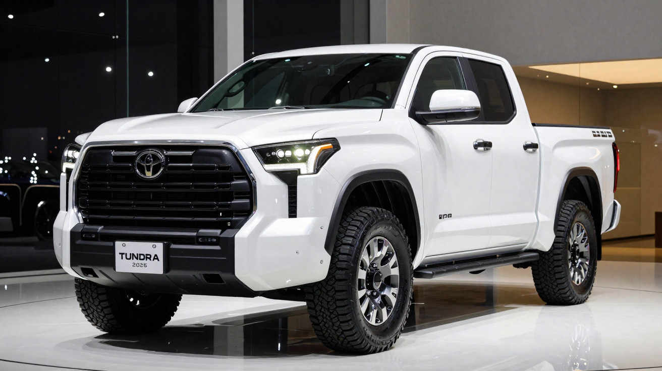 Picape Toyota Tundra 2026 branca, com faróis LED e pneus robustos, em ambiente interior.