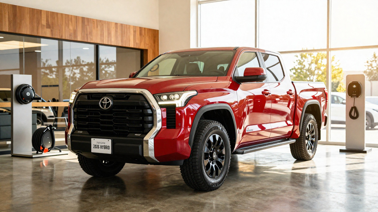 Picape Toyota Tundra 2026 híbrida vermelha em showroom moderno com postos de carregamento elétrico.