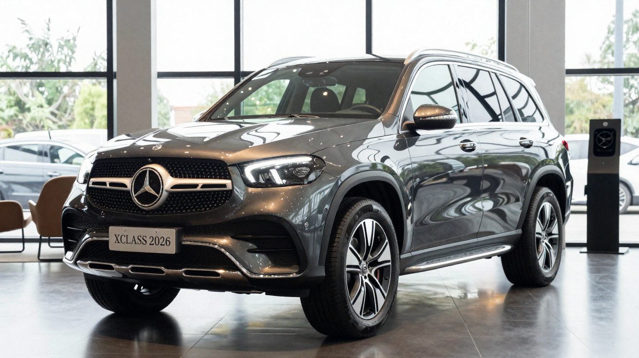 Mercedes-Benz X-Class 2026 cinzenta exibida numa sala de exposição luminoso e moderna.