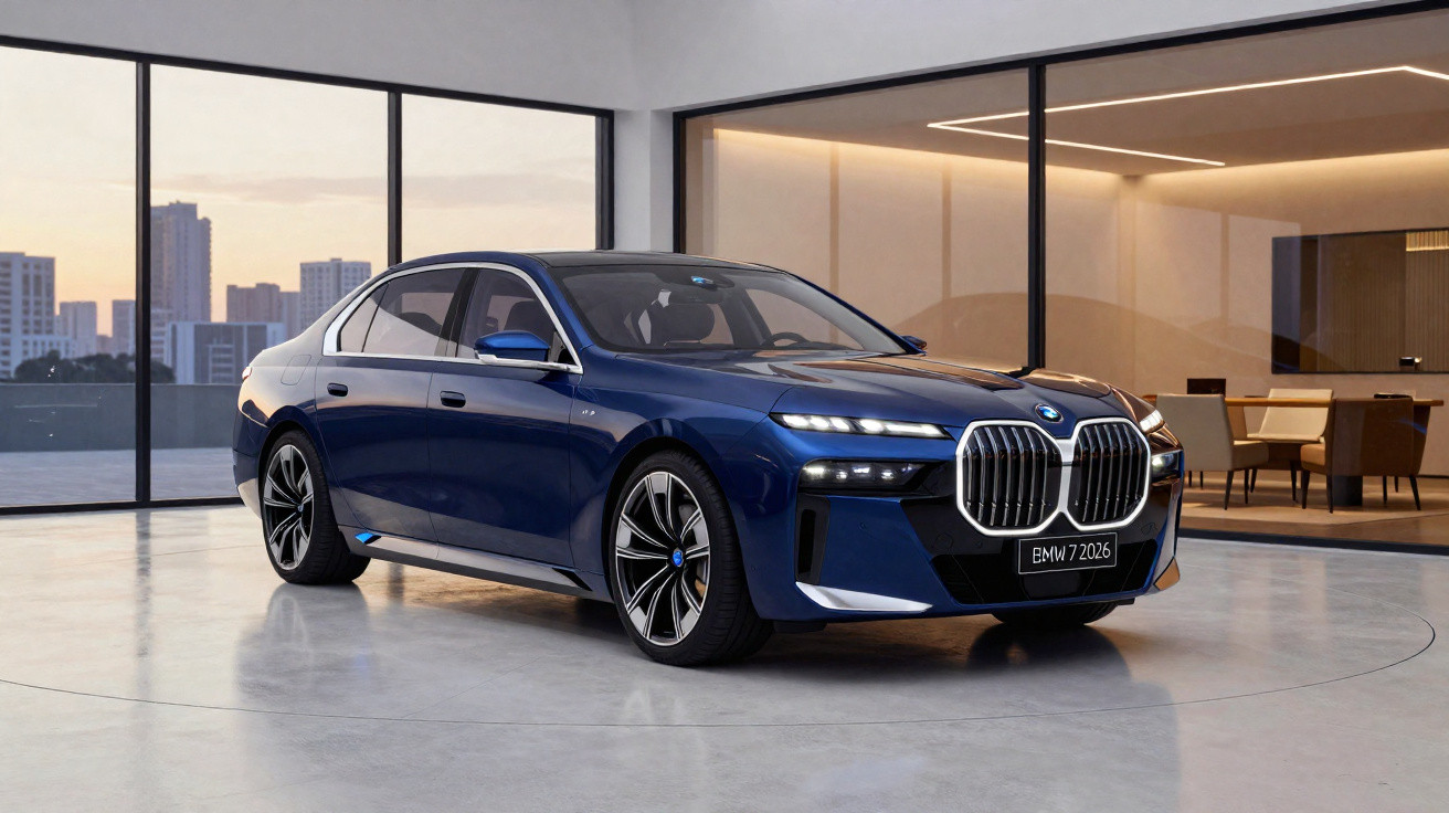 Carro BMW azul elétrico estacionado em ambiente moderno com grandes janelas e vista urbana ao fundo.