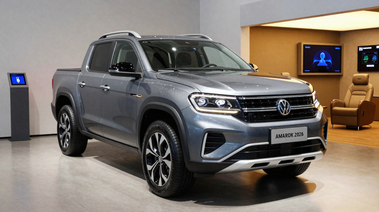 Volkswagen Amarok 2026 cinza escuro exposto em showroom moderno com cadeira e monitor ao fundo.