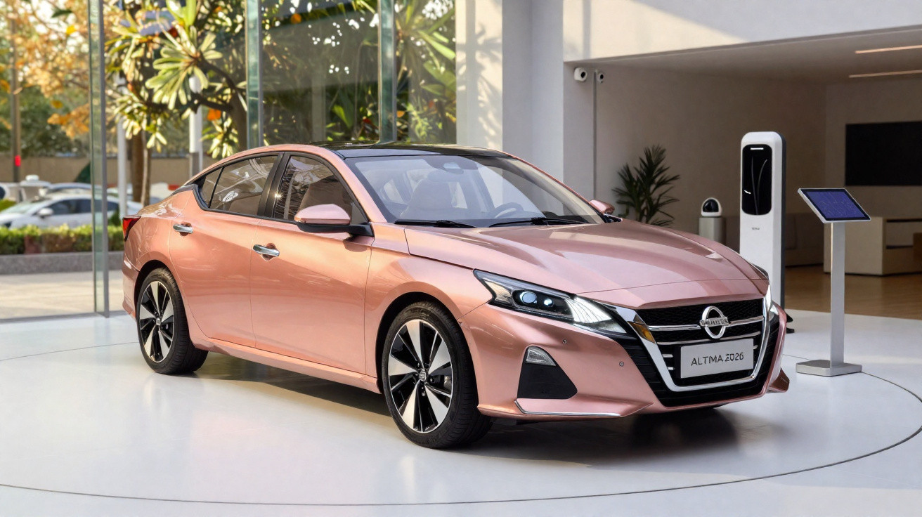 Carro Nissan Altima 2026 cor cobre exibido em showroom moderno com grandes janelas e carregador elétrico.