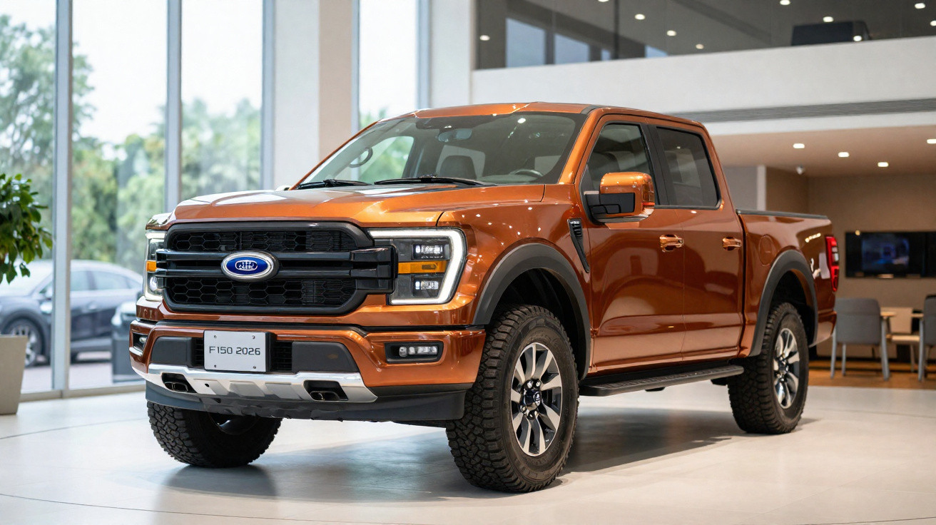 Picape elétrica F150 2026 cor laranja exposta em showroom moderno e iluminado.