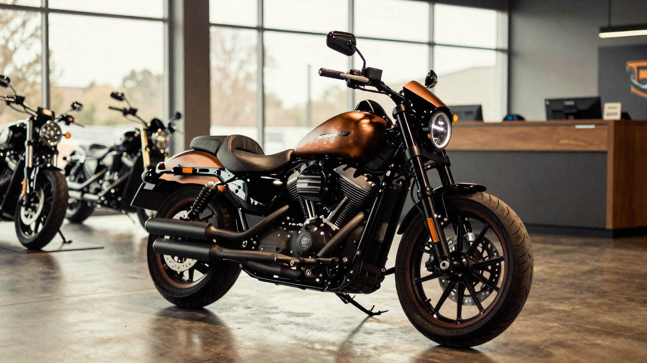 Motocicleta Harley-Davidson de cor bronze exposta em interior de loja moderna.