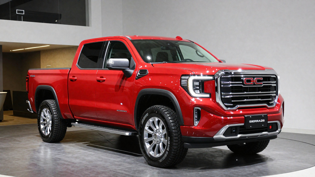 Pick-up vermelha GMC Sierra 26 numa exposição interior com áreas neutras e iluminação suave.