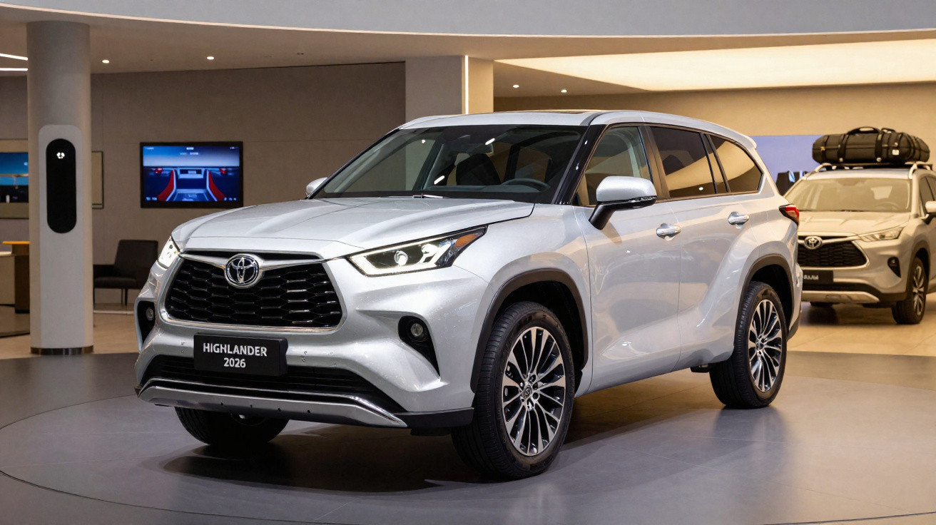 Toyota Highlander 2026 prateado em exposição interior de automóveis com outro SUV ao fundo.